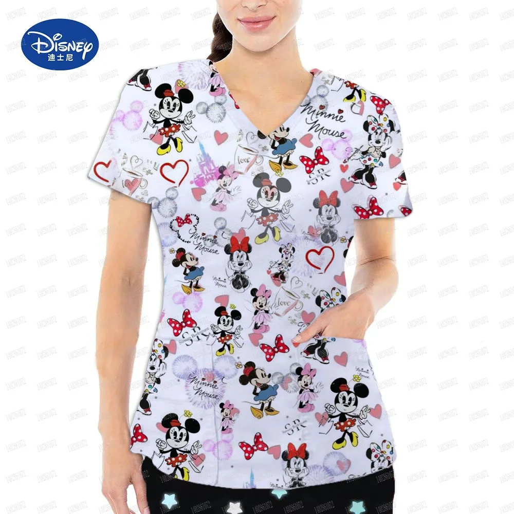 Disney Mickey Mouse printed V-neck nurse top casual short sleeved women's frosted top nurse uniform work uniform supplies