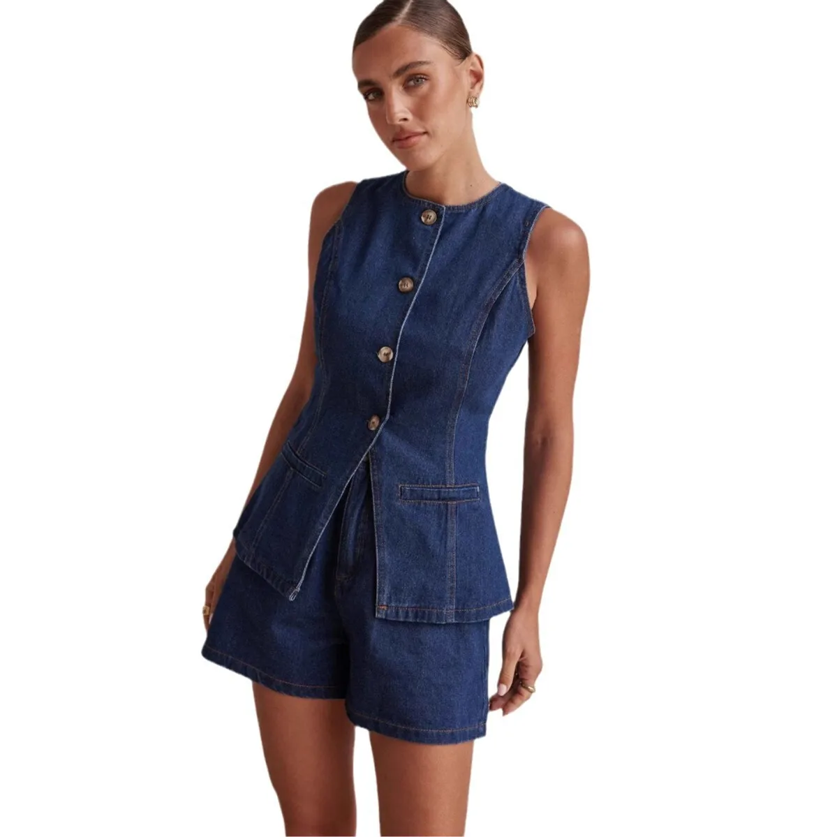 

Summer 2 Piece Sets Women Denim Jeans Shorts Sets Single Breasted Jacket Top Wide Leg Short Pants Trousers Casual Outfits