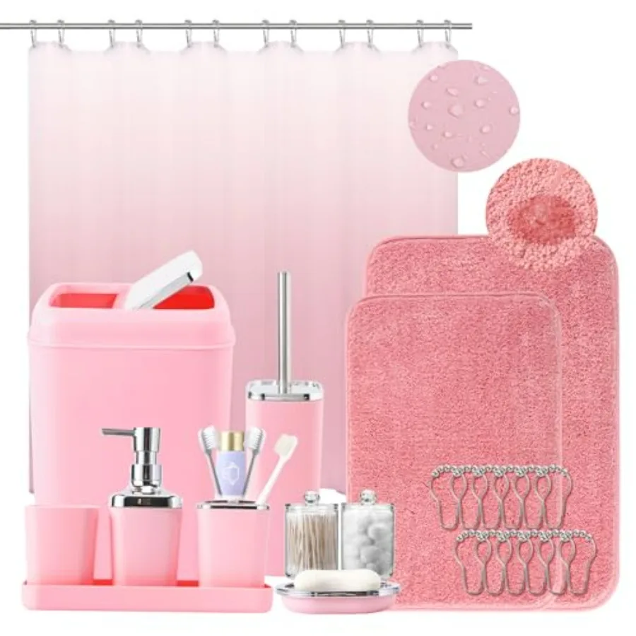 

Bathroom Accessory Set with Pink Ombre Waterproof Shower Curtain and Non-Slip Absorbent Rugs Complete Bathroom Set for Home