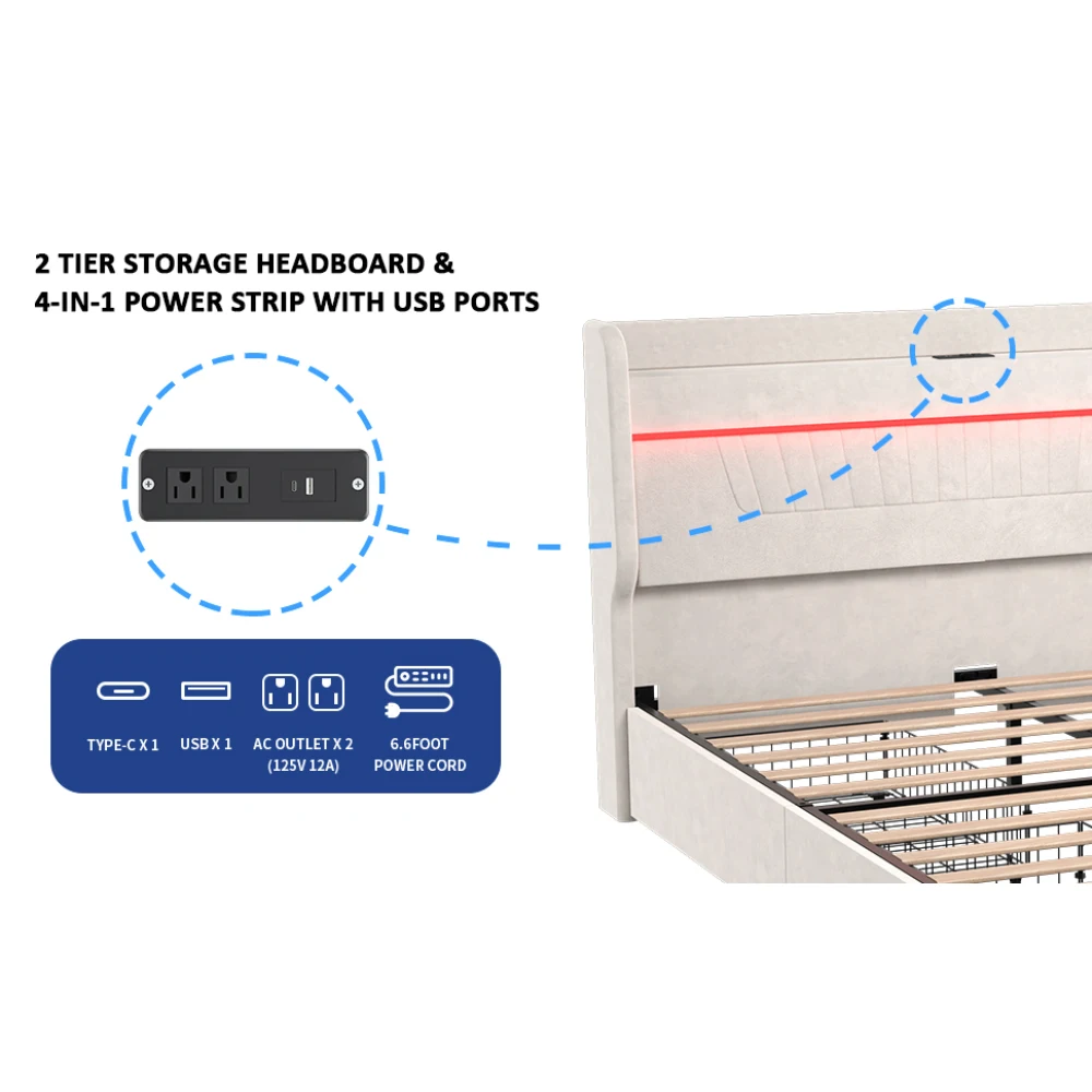 Cadre de lit Queen avec planche de sauna et 4 wers de proximité, étagères de rangement, lumières LED et station de charge, stable, aucun ressort cati onné nécessaire