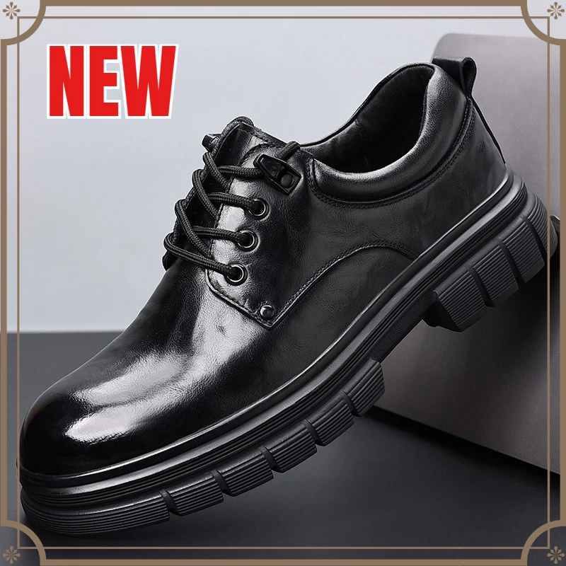 

Men's Black Leather Casual Shoes Round Toe Lace-Up Men's Leather Shoes Heightening PVC Sole Comfortable Workwear Autumn Shoes