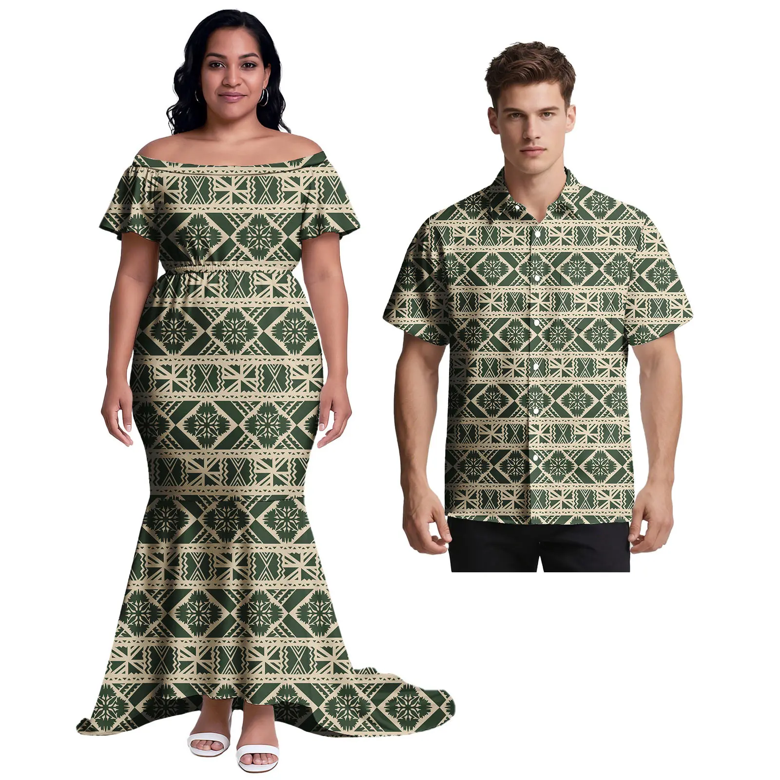 ساموا ملابس مخصصة هاواي الرجال ألوها تي شيرت البولينيزية المرأة فستان أنيق تابا العرقية نمط مجموعات من الأزواج مجموعات غير رسمية #4