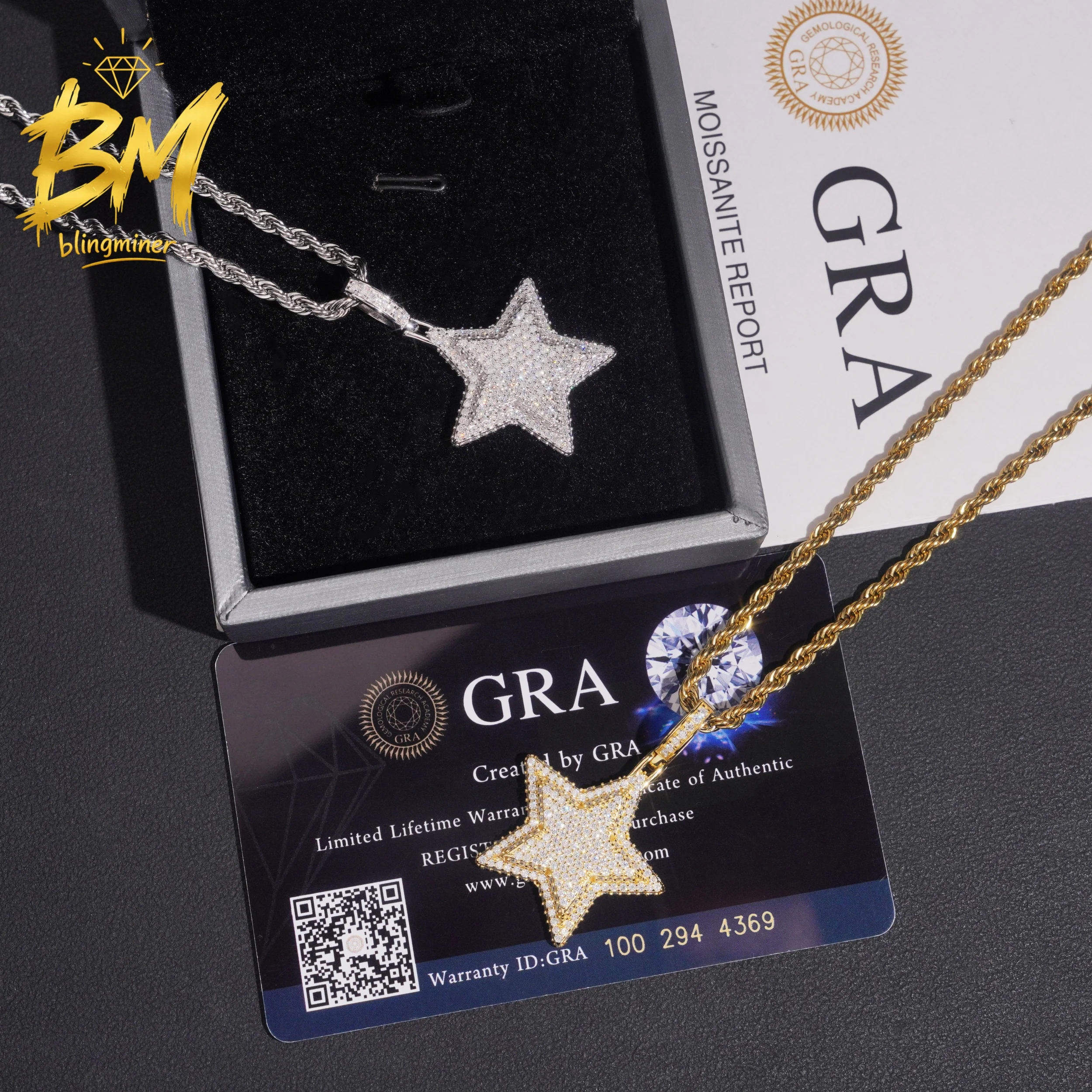 Blingminer S925 Silver Iced Out Star VVS Moissanite Pendant For Men Women  Pendants Jewelry Pass Diamonds Tester Free Shipping