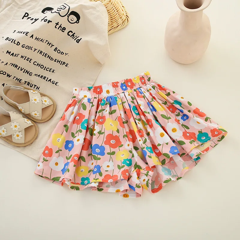 2025 Summer Girls Lightweight Cotton Voile Shorts Versatile Loose Flowy Skort for 2-7Y Kids Fashionable Casual Skirt Pants