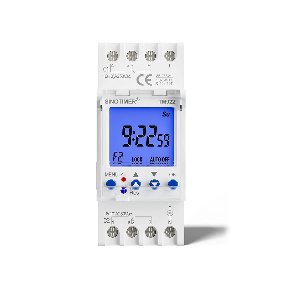 SINOTIMER TM922 2-kanałowy Programowalny 24-godzinny Zegar z Przedziałem Sekundowym Cyfrowy Wyłącznik Czasowy na Szynę DIN 7-dniowy Przekaźnik Czasowy G488