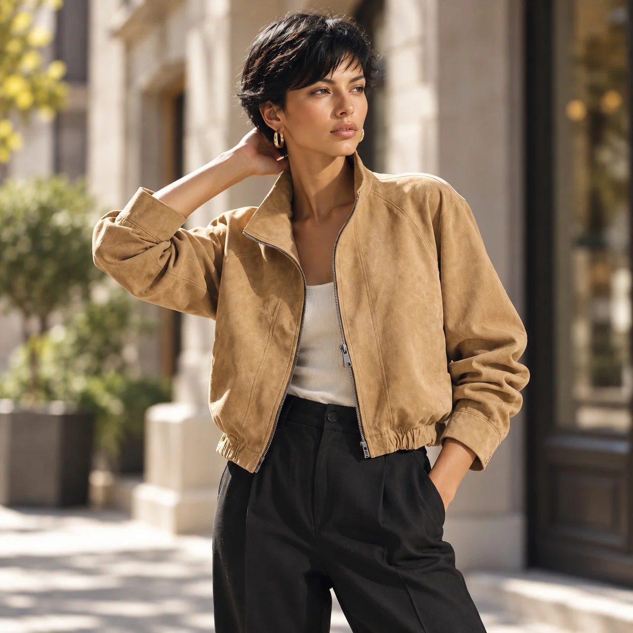Casual Zipper Coat Regular Fit Sweet and Fresh with Distressed Detail Wrinkle Treatment Long Sleeves Notched Collar Women Jacket