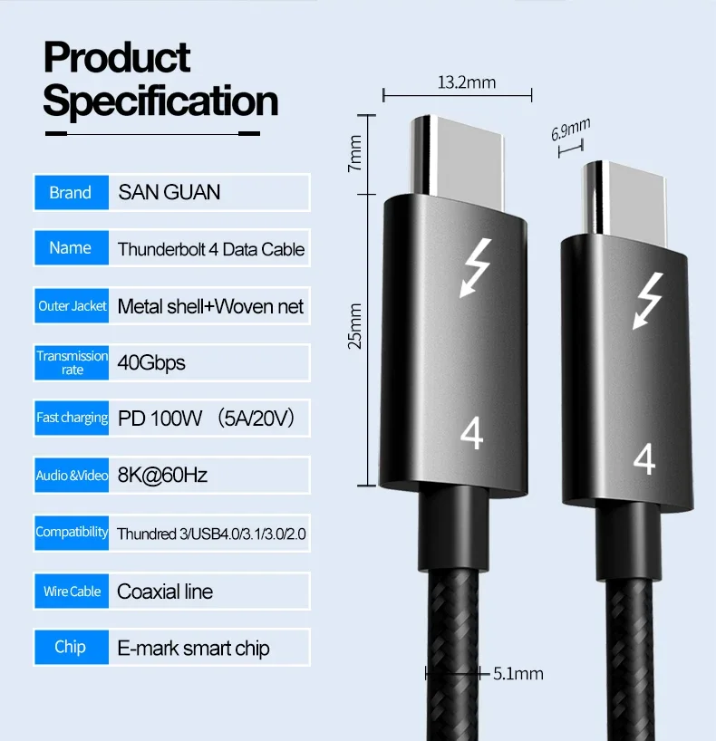 Thunderbolt 4 متوافق مع Thunderbolt 3 40gbps لمحطة Thunerbolt 4 Dock سلك Thunderbolt 8K أو Dual 4K يعرض 0.5M/1M/2M