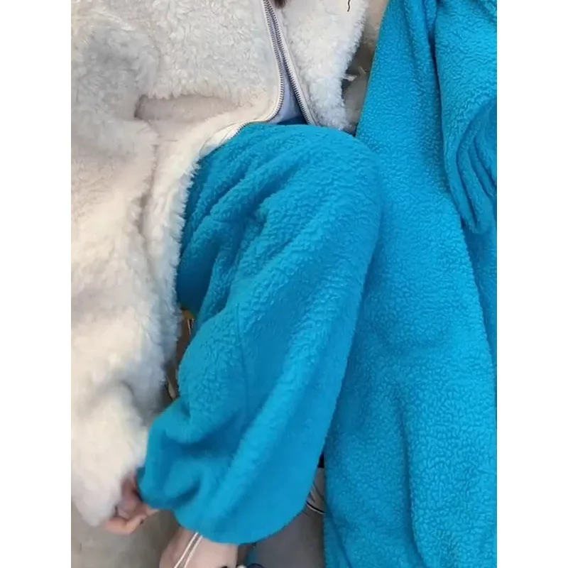 سراويل كاجوال قطيفة سميكة باللون الأزرق للنساء، ملابس خارجية مقاومة للرياح، سراويل دافئة ضيقة واسعة الساق #4