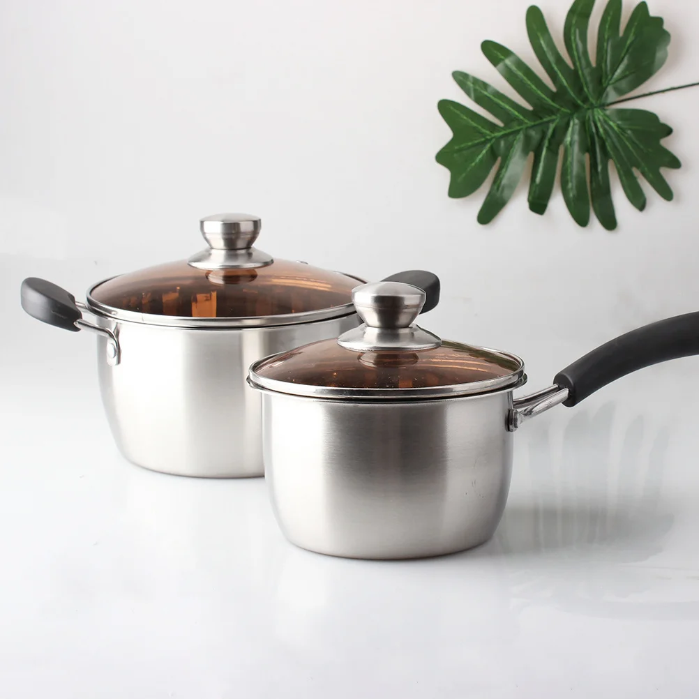 Olla de sopa de leche gruesa de acero inoxidable de 18cm con tapa de vidrio mango largo para cocinar salsas de fideos instantáneos