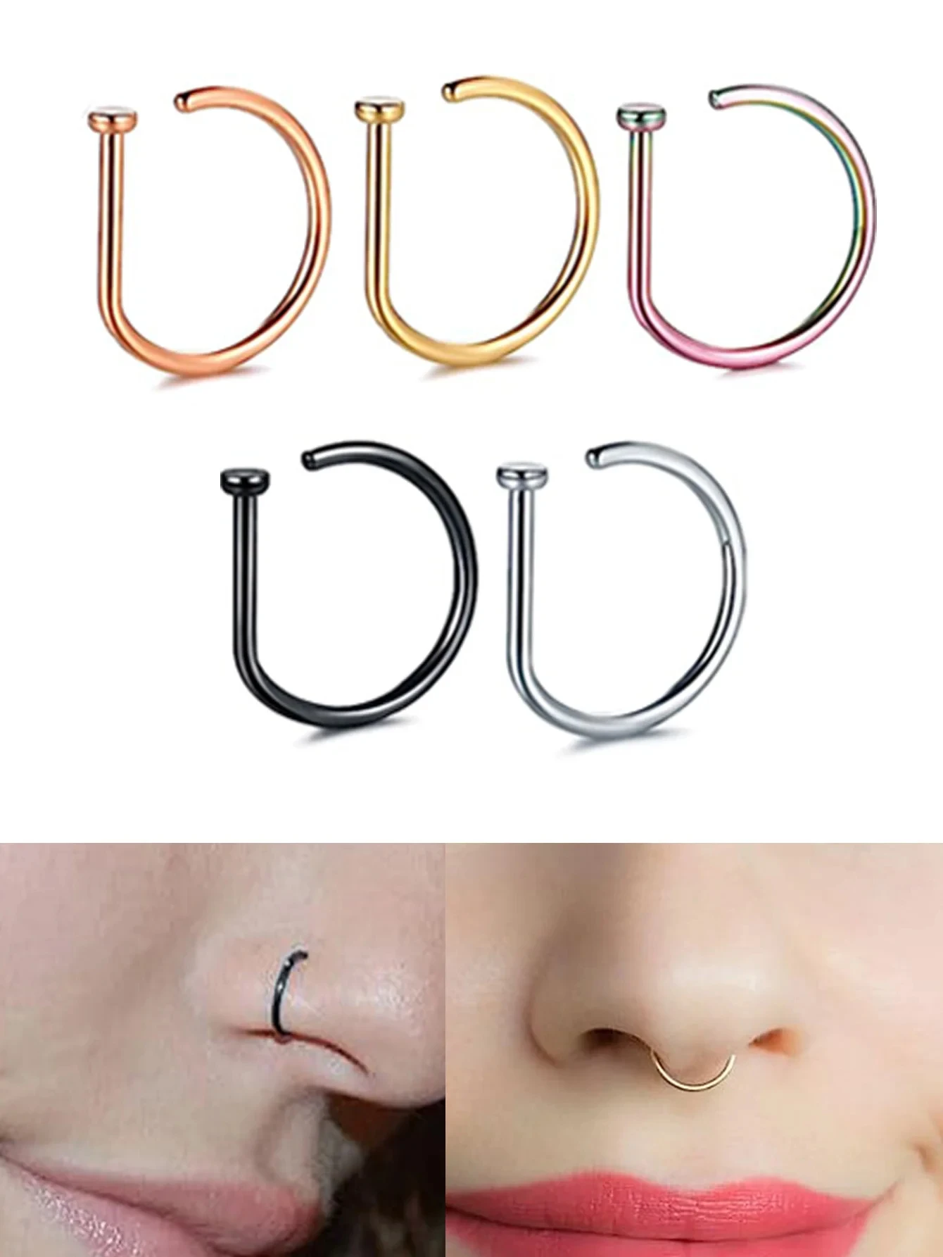 Stainless Steel Ring Nostril Body Jewelry New Curved Barbells Fake Nose Piercing D Shaped Tragus Helix Stud Earring Hoop Septum view 2