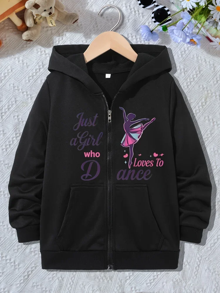 Girls Zip Up Hooded Jacket Ballerina Dance Letter Print Long Sleeve Casual Kids Hoodie For Ballet Training Daily Outdoor Outfit
