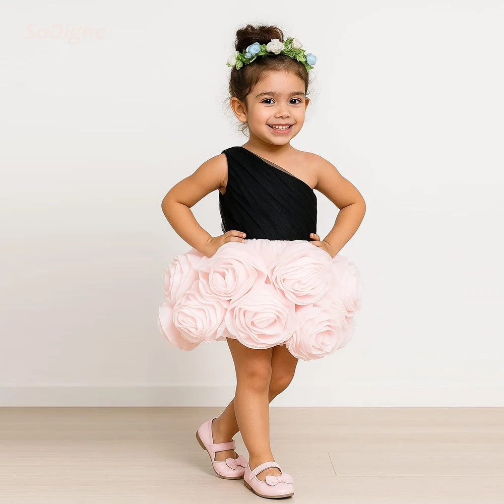 

SoDigne A-line 3D Flower Short Flower Girl Dress One Shoulder Tulle Princess Girls Skirt Party Dress Kid Gown Customized