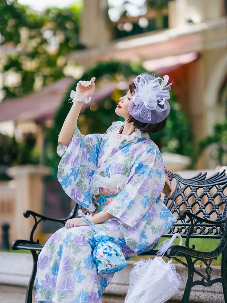 Double Layer Women's Japanese Traditional Kimono Lace Formal Yukata Travel Photography Long Dress Performance Dress