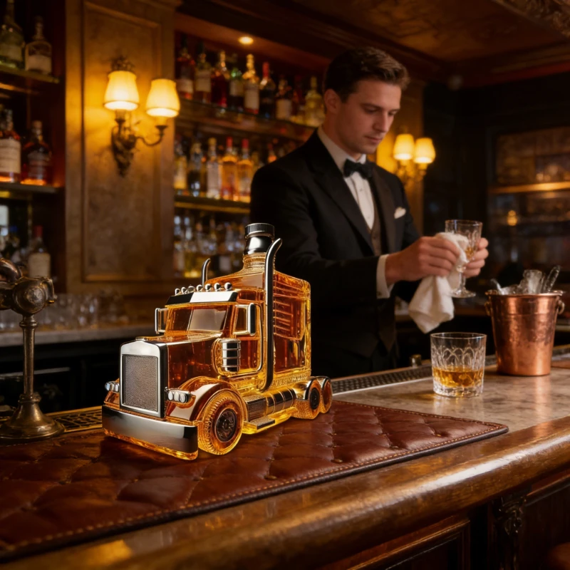 375ml Vintage Whiskey Decanter with Unique 'Half Truck' Bourbon Dispenser Stopper for Brunch Beer Hosting And Liquor Serving