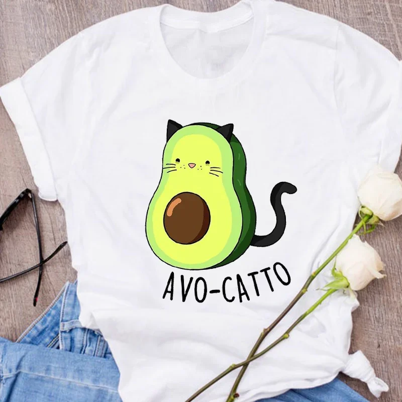 Women Graphic Avocado Cat Printing Cartoon Fruit Clothes Floral Lady Clothing Female Tees Print Tops T Shirt Womens T-Shirt