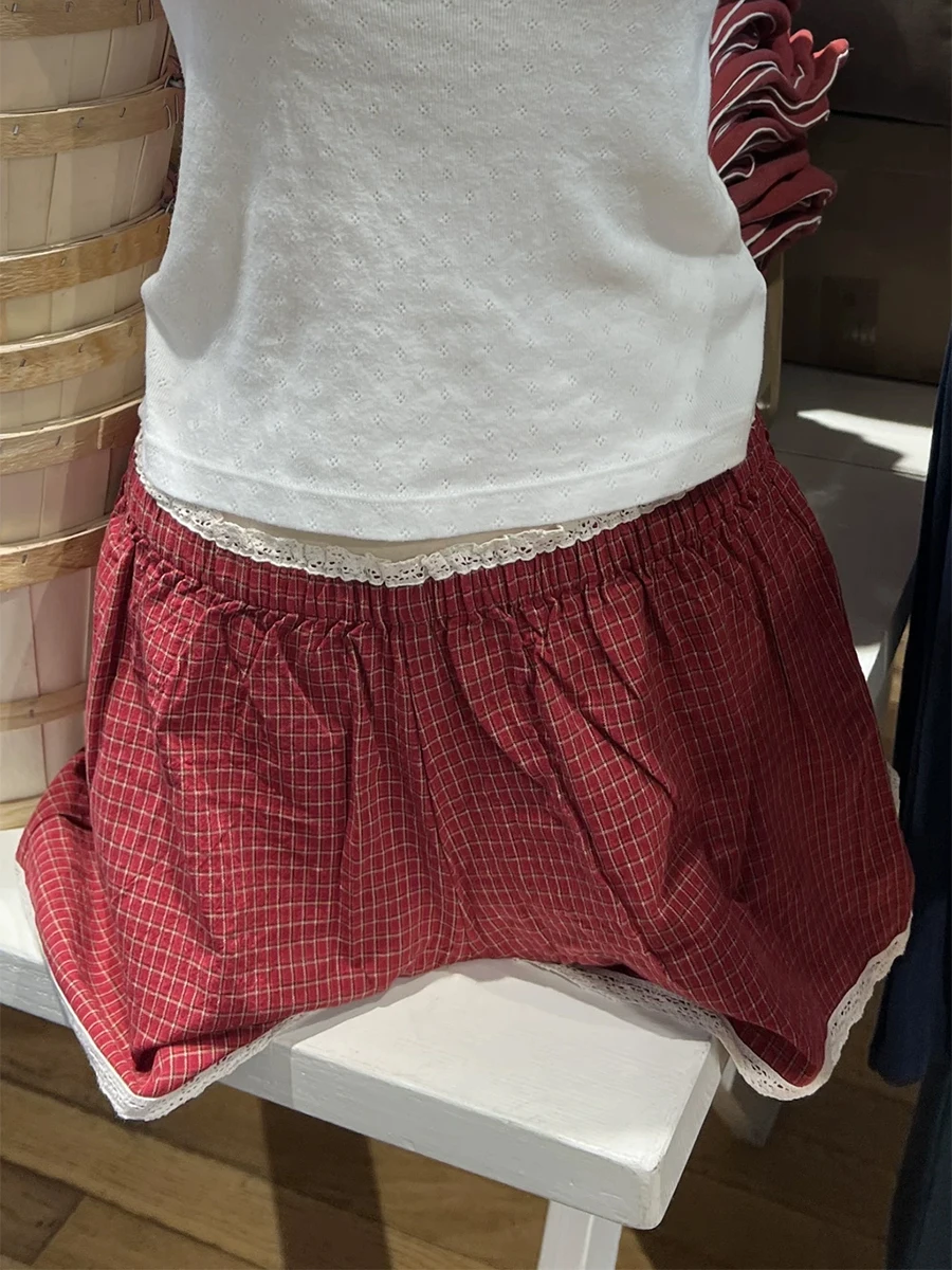 

Красные хлопковые шорты в клетку с кружевной отделкой, женские летние эластичные короткие брюки с высокой талией, винтажные милые милые новые домашние нижнее белье Y2k