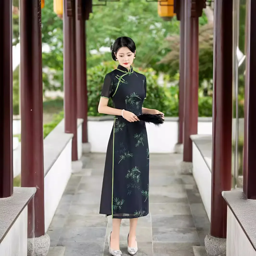 Yourqipao preto chinês tradicional cheongsam novo estilo 2024 estilo jovem menina magro melhorado qipao para mulher