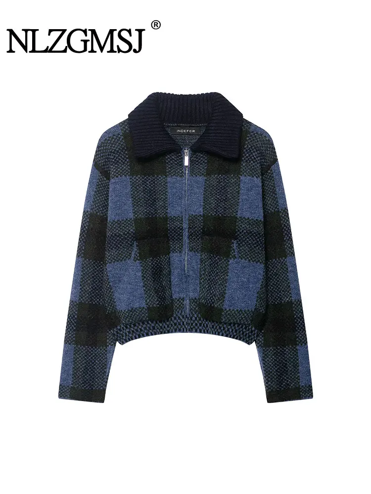 

NLZGMSJ Women Autumn Jacket Fashion Plaid Knitted Short Coat Female High Street Long Sleeve Jackets For Women Casual New Outerwe