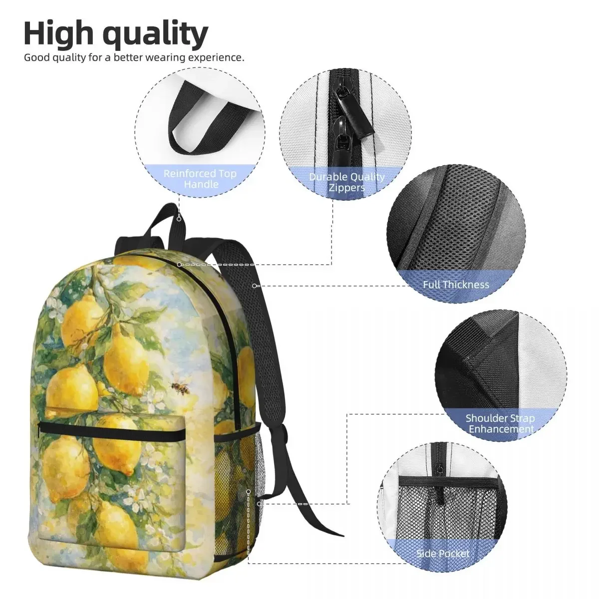 Watercolor Lemon Design Backpack Daypack Large Capacity Children BookBag School Bag Shoulder Bags for Men Women