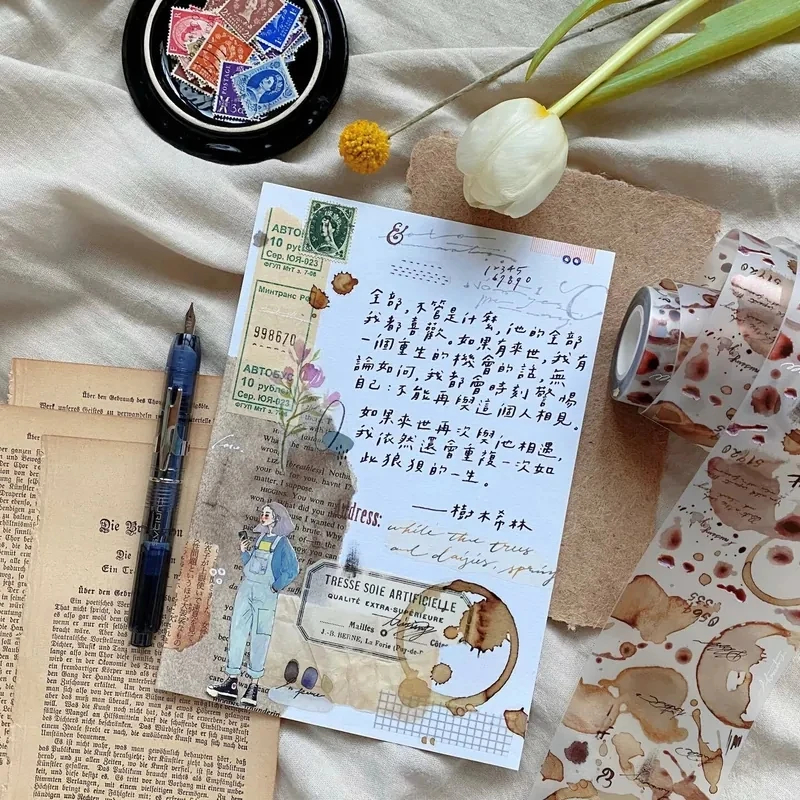 Shiwu Studio-Cinta Washi PET para hacer tarjetas, pegatina decorativa para álbum de recortes, amor, cacao, manchas de café