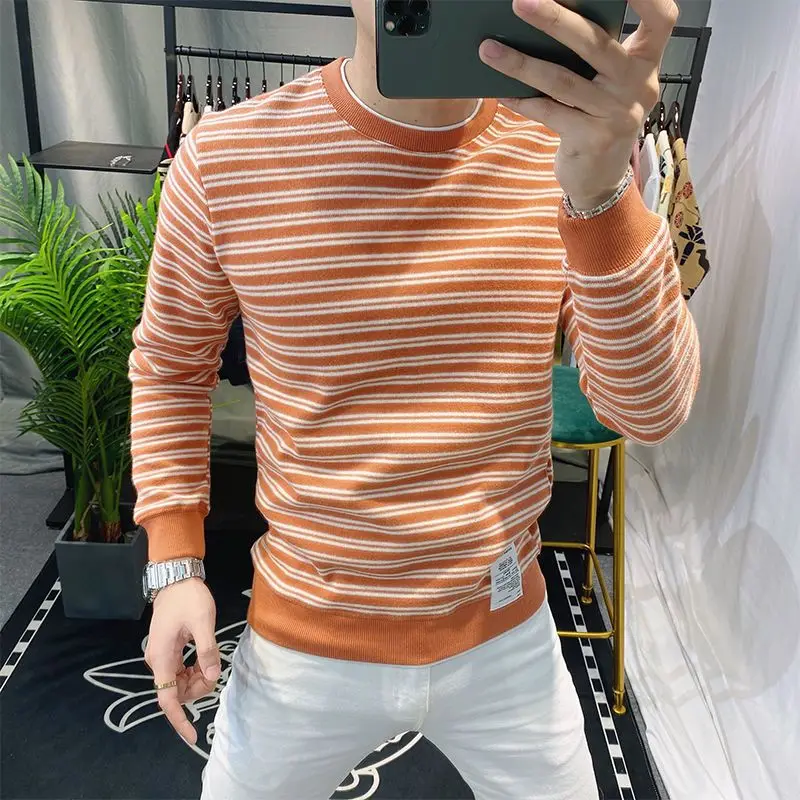 Casual Male Clothes Round Neck Striped Trend Sweatshirts Autumn Winter New Fashion All-match Patchwork Long Sleeve for Men