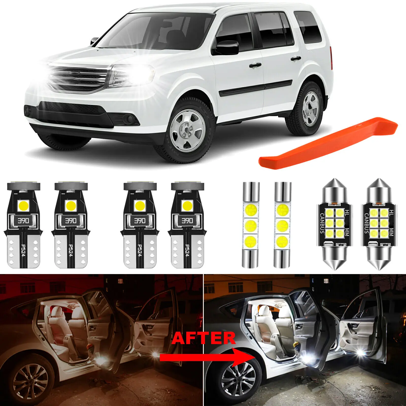 Winetis 17Pcs 6000K White LED Light Bulbs Kit for 2009-2015 Honda Pilot Interior Package + Free Tool