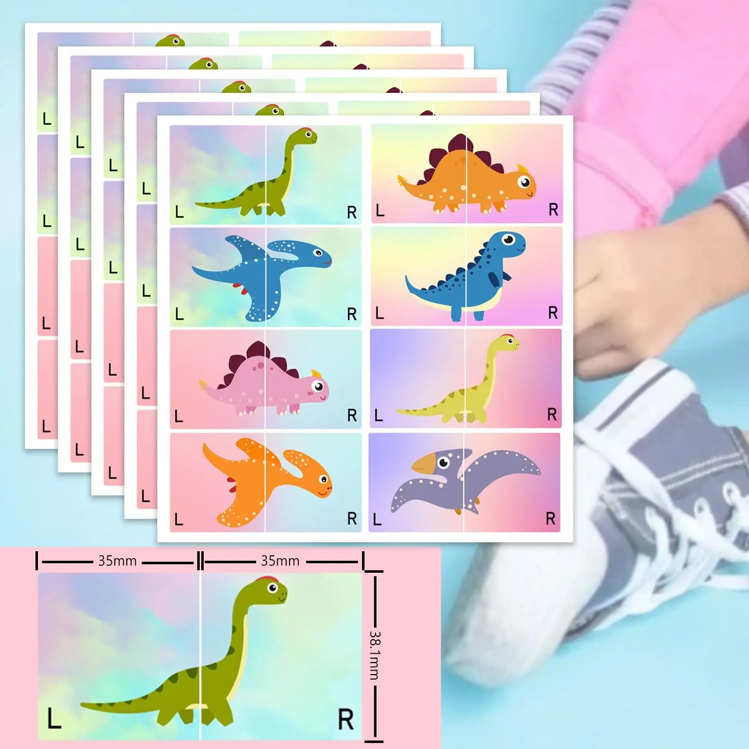 Autocollants de chaussures de dinosaure de dessin animé pour enfants, magasins de chaussures pour enfants, autocollants droits, 1.37x1.5 pouces, 40 pièces