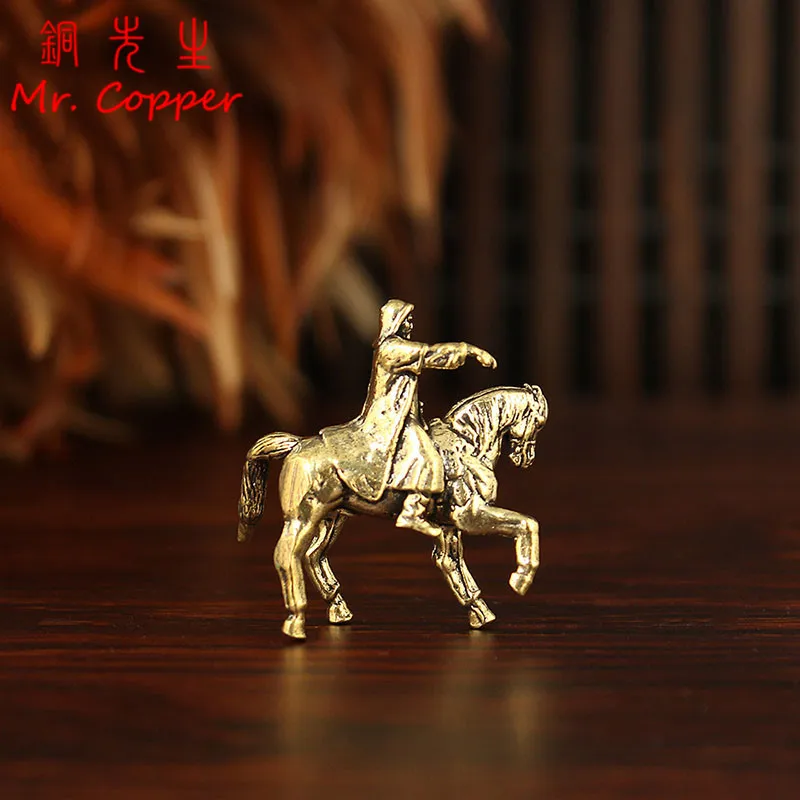 Brass Mongol Conqueror Riding Horse Small Statue Desktop Ornaments Metal Characters Figurines Home Decoration Crafts Accessories