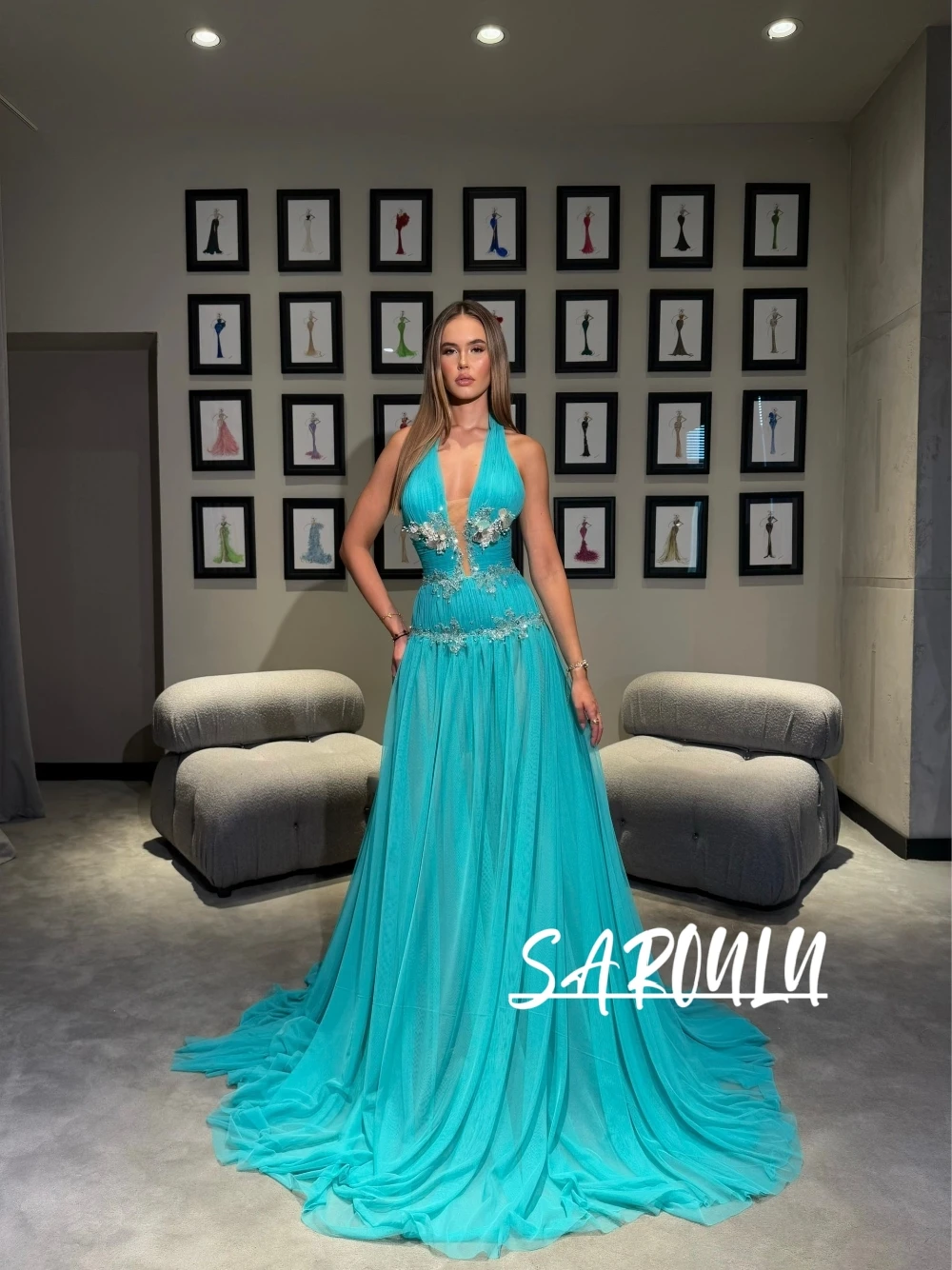

Chic Turquoise Tulle Evening Gown With Halter Neck Intricate Beaded Details Sexy Women's Formal Party Prom Dress Customized