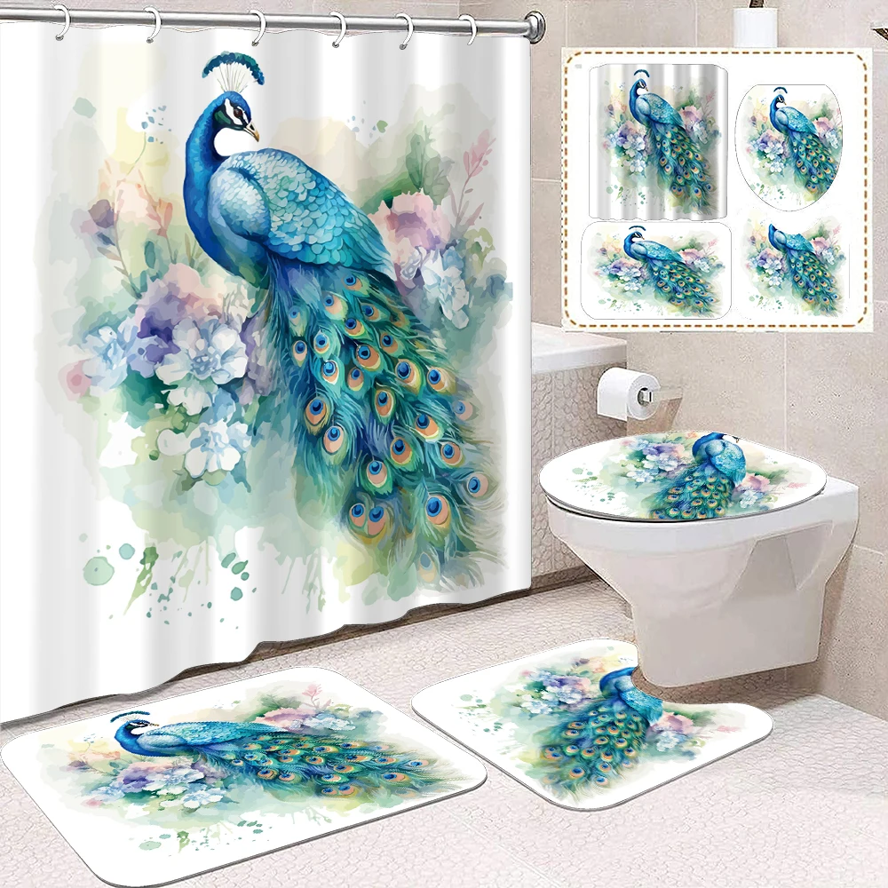 

1 комплект штор для душа с принтом зеленого павлина, естественный и свежий стиль, с пластиковыми крючками и ковриками для ванной комнаты.