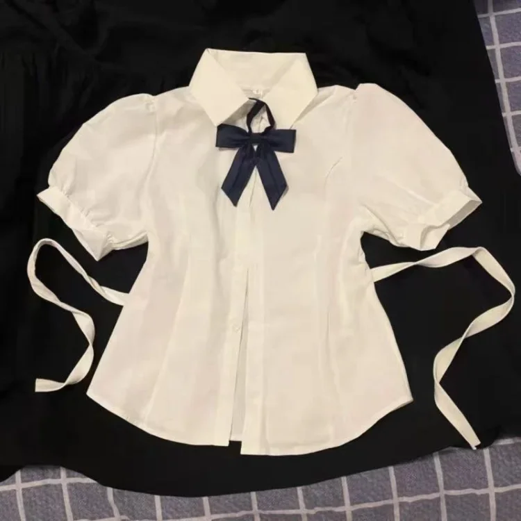 Japanese Sweet Lapel Neck White Shirts Women Summer Grunge Slim Fit Jk Blouses Y2k E-Girl Short Sleeve Lace Up Blusas Mujer