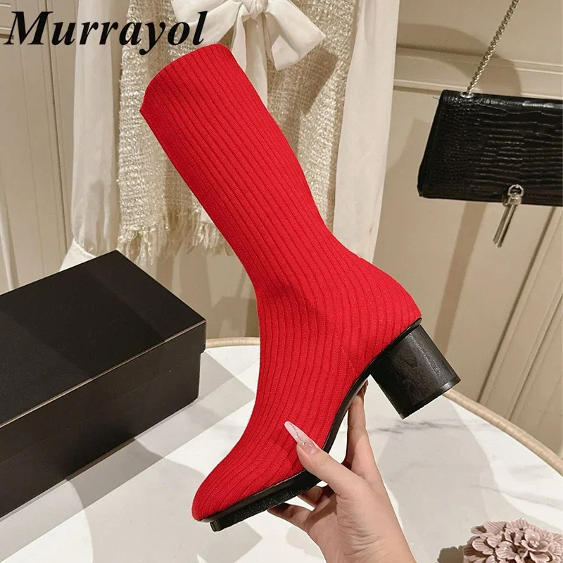 

Solid Color Low Heels Socks Boots Women Square Toe knitting Elastic Force Mid-Calf Boots Autumn Winter Fashion Short Boats