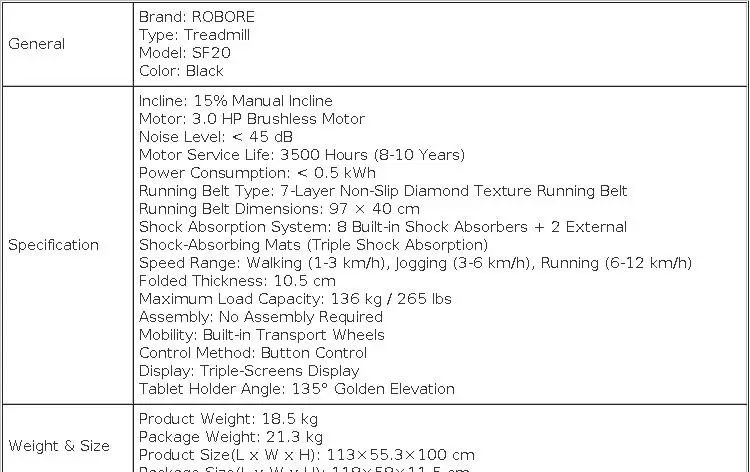 ROBORE SF20 Foldable Treadmill with 15% Incline, 12km/h Speed, 136kg Max Load, 3.0HP Quiet Brushless Motor, 97×40cm Running Belt