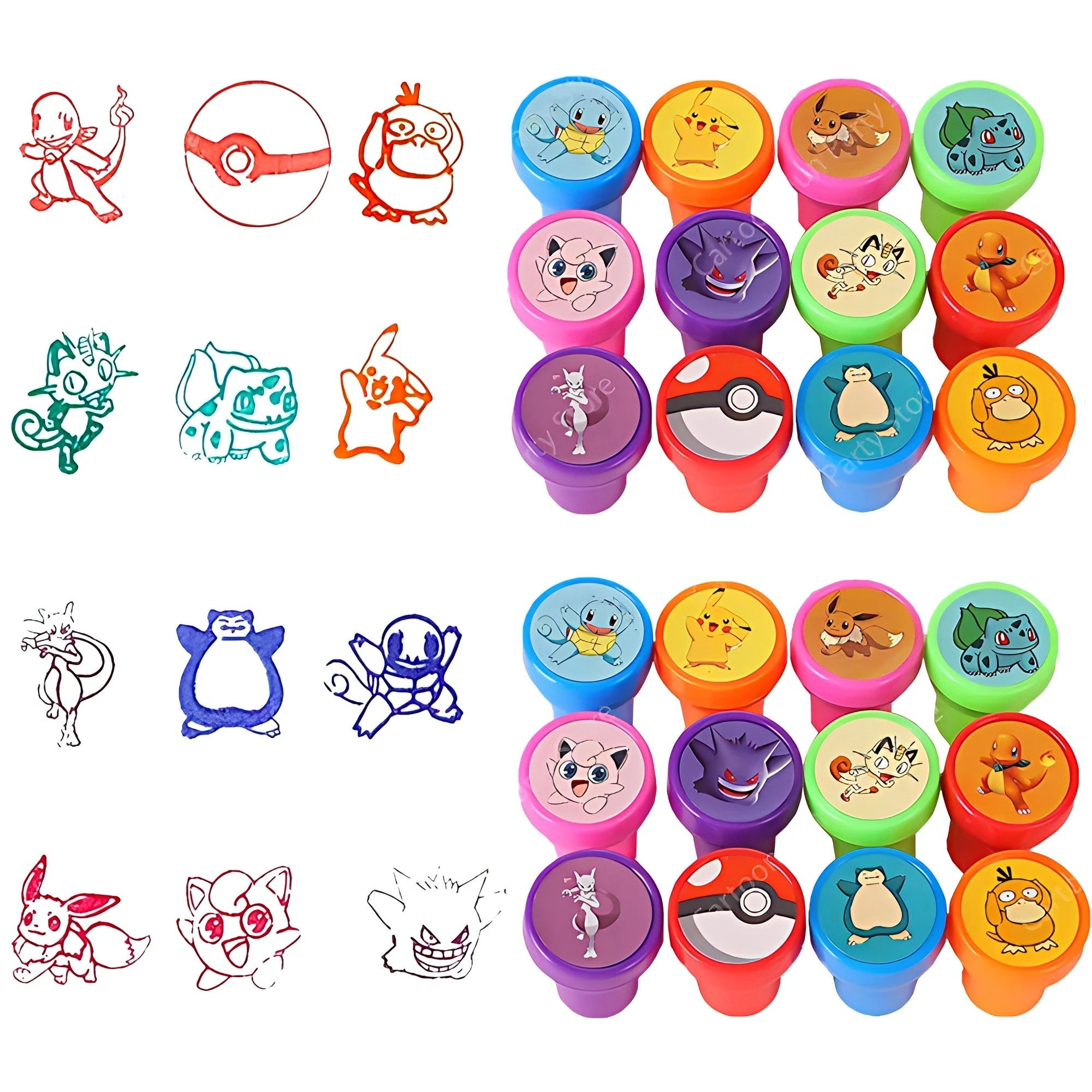 12 Uds. Mini sellos de colores de Pokémon, Pikachu, Gengar, Snorlax, accesorios de juguete de plástico bonitos de dibujos animados, decoración, regalos de cumpleaños para niños
