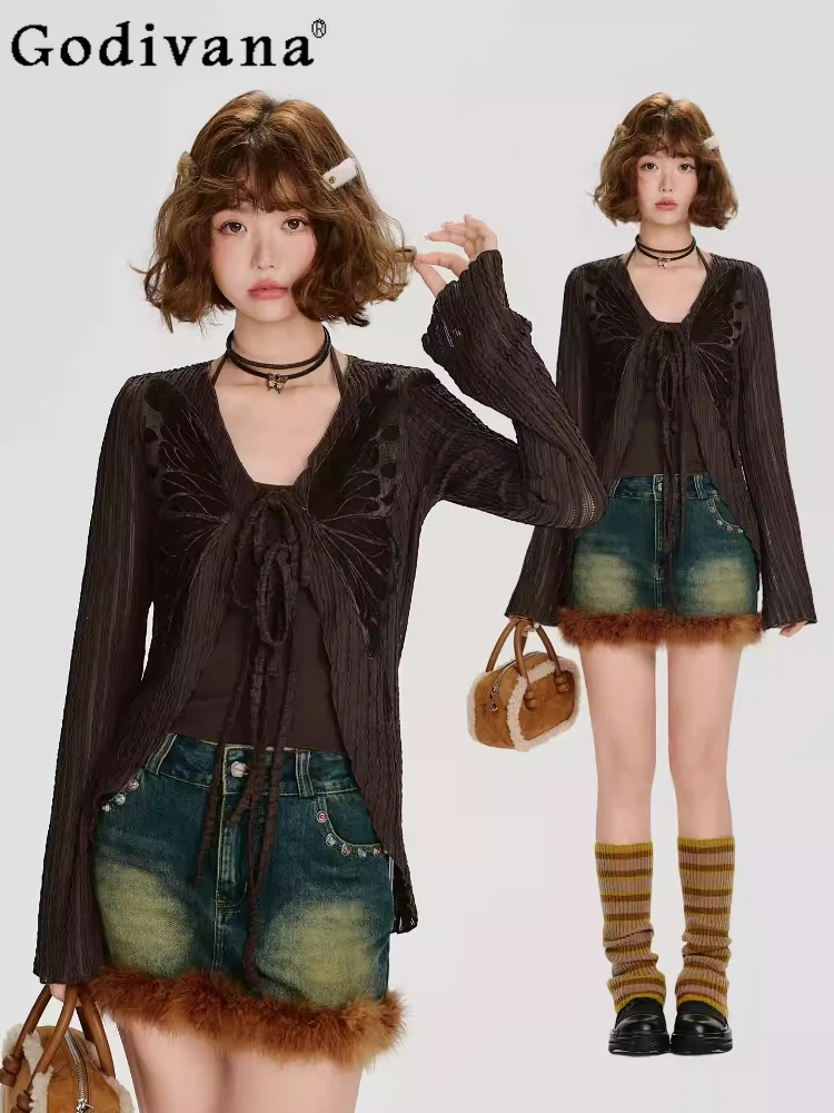 

Новинка! Весенне-осенний женский кардиган в американском ретро-стиле с длинным рукавом, V-образным вырезом и шнуровкой, универсальный уличный топ Y2K с бабочками, облегающий крой.