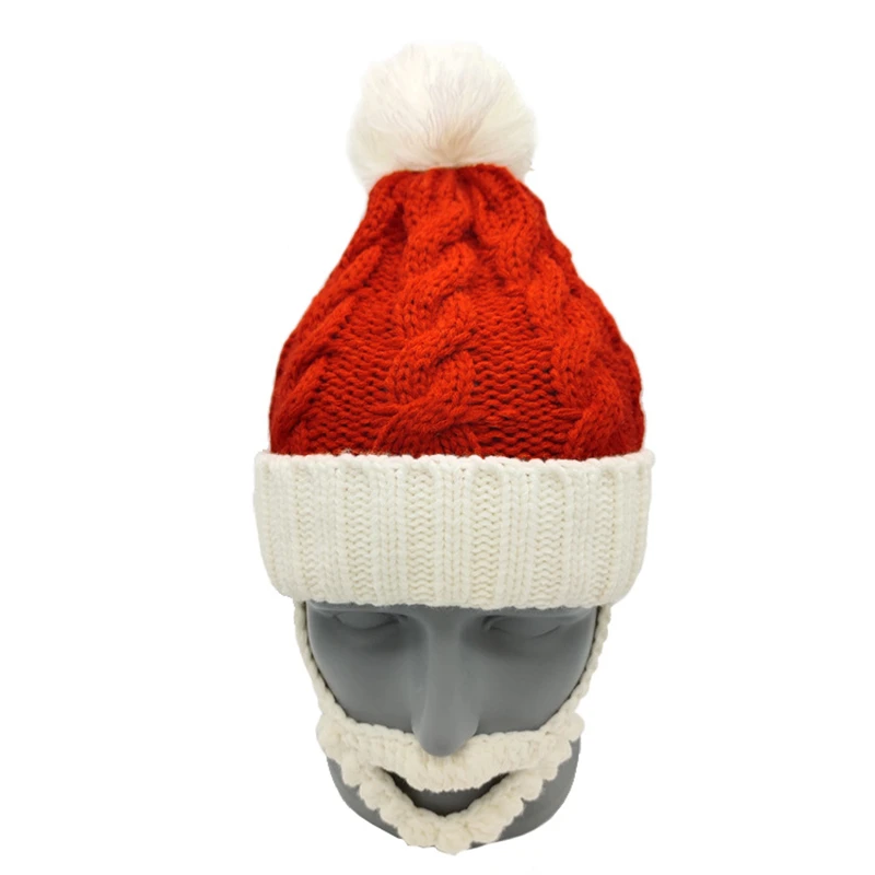 Knitted Christmas Hat Beard Head Santa Beard Hat Original Handmade Knit Warm Xmas Claus Hat with Beard Headwear for Adult Kid