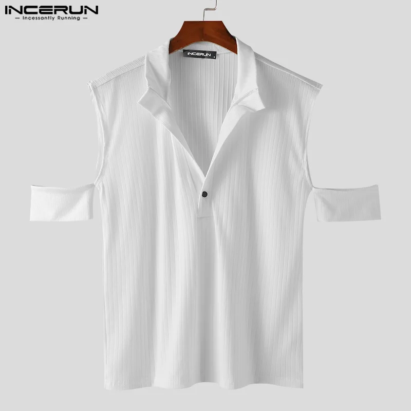 Handsome Well Fitting Tops INCERUN Men\'s Knitted Off Shoulder T-shirts Casual Solid Stand Neck Short Sleeved Camiseta S-5XL 2024