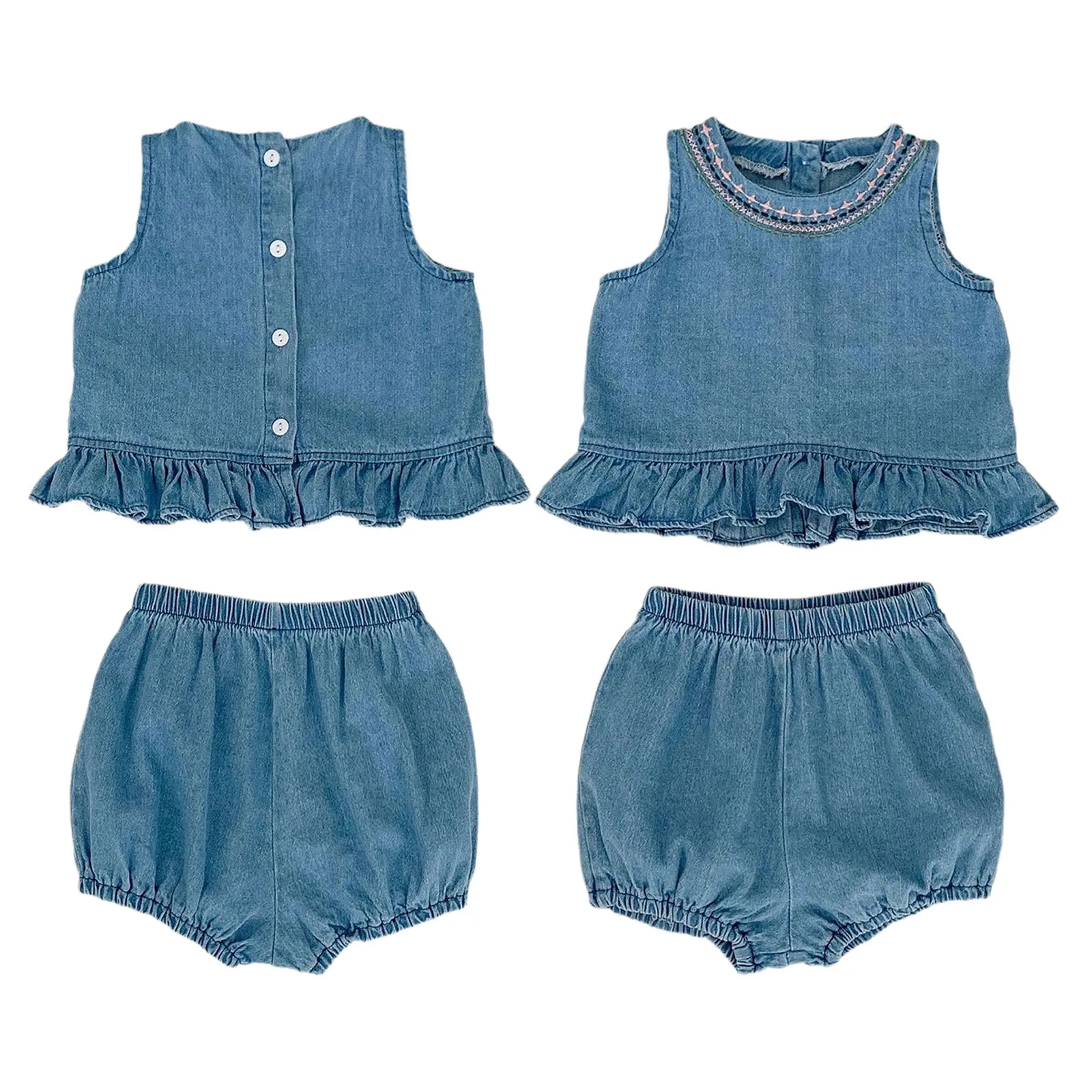 

Toddlers Baby Girls Summer Denim Clothes Outfits Sleeveless Ruffle Vest Top with Bloomers Shorts Set Beach Party Street Wear