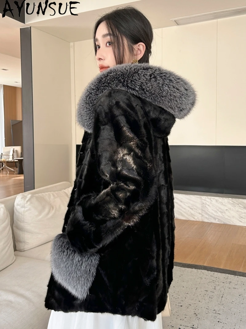 AYUNSUE Natural Mink Fur Jackets Woman Luxury Fox Fur Hooded Winter Jacket for Woman Clothes High Quality Fur Coat Кофта С Мехом