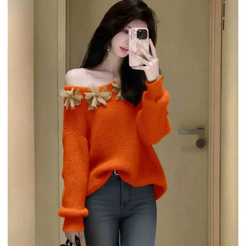 Blue Off Shoulder Knit Sweater With Floral Embellishments Casual Women's Pullover Long Sleeve Loose Fit Autumn Winter Wear