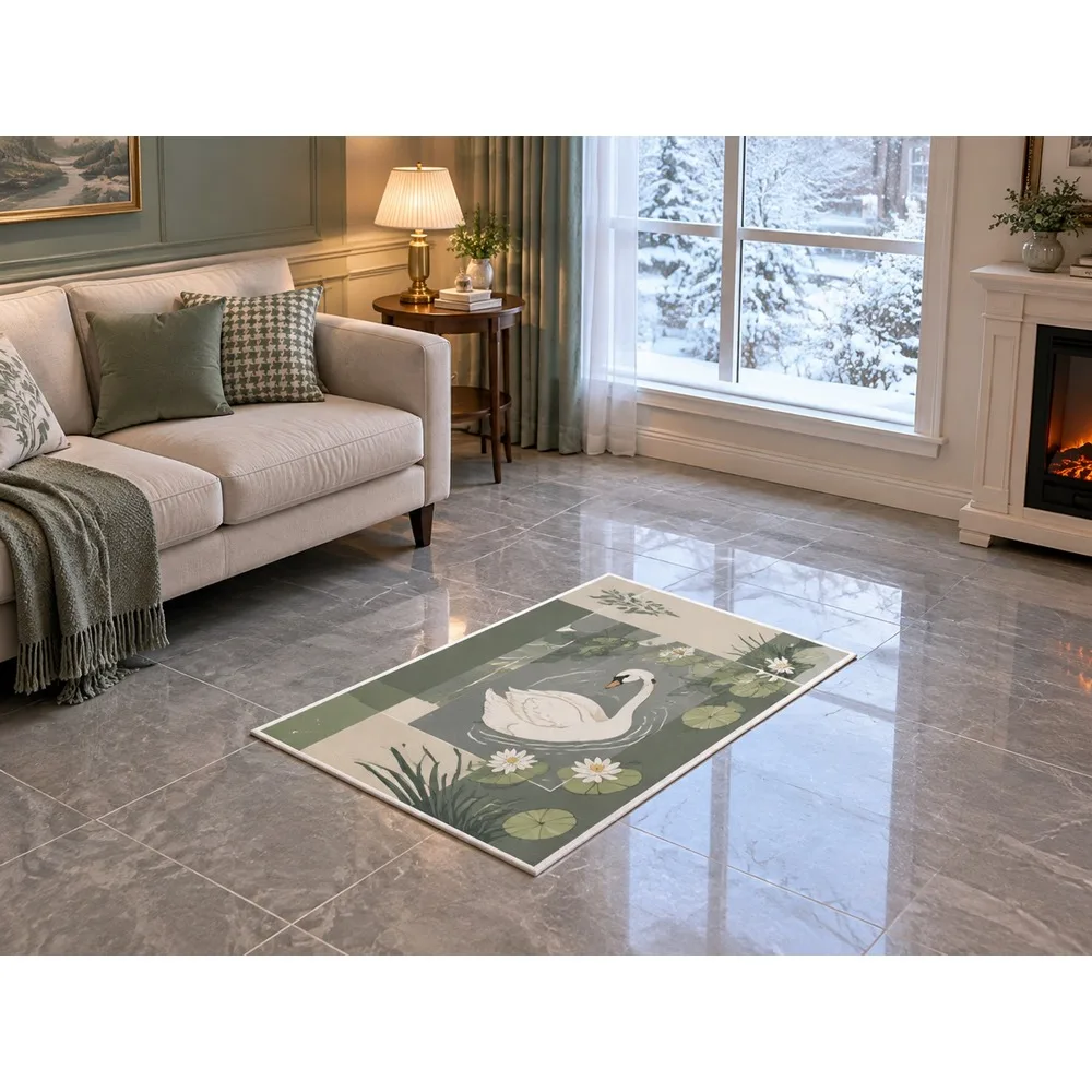 VIKAMA British Sage Cream Swan Pond Flannel Door Mat, Anti-Slip Absorbent Door Mat, UK Home Decor for Garden Room, Snug, Landing