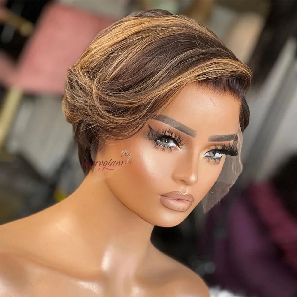 Pixie Cut Short Bob 13x4 Lace Human Hair Wig Highlight Color Transparent Lace Front Wig For Women 4/27 Straight Bob Brazilian