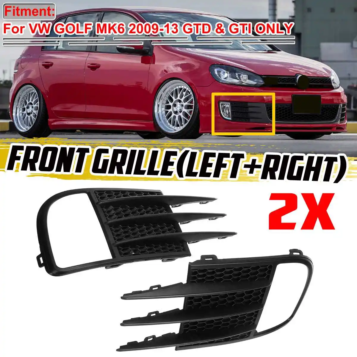 A Pair Glossy Black Car Front Bumper Fog Light Grille Grill Cover For VW For Golf MK6 GTD GTI 2009-2013 5K0853665C 5K0853666C