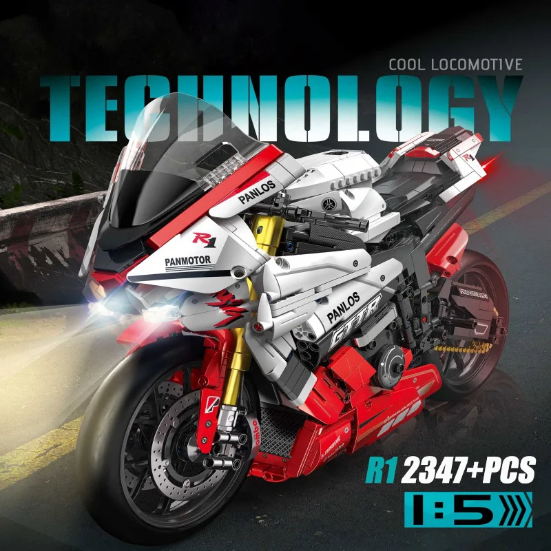 City MOC Technical RC Expert Motorcycle Building Blocks,1:5 V4S H2R R1 Motorbike With LED Light Bricks Toys For Kids DIY Gifts