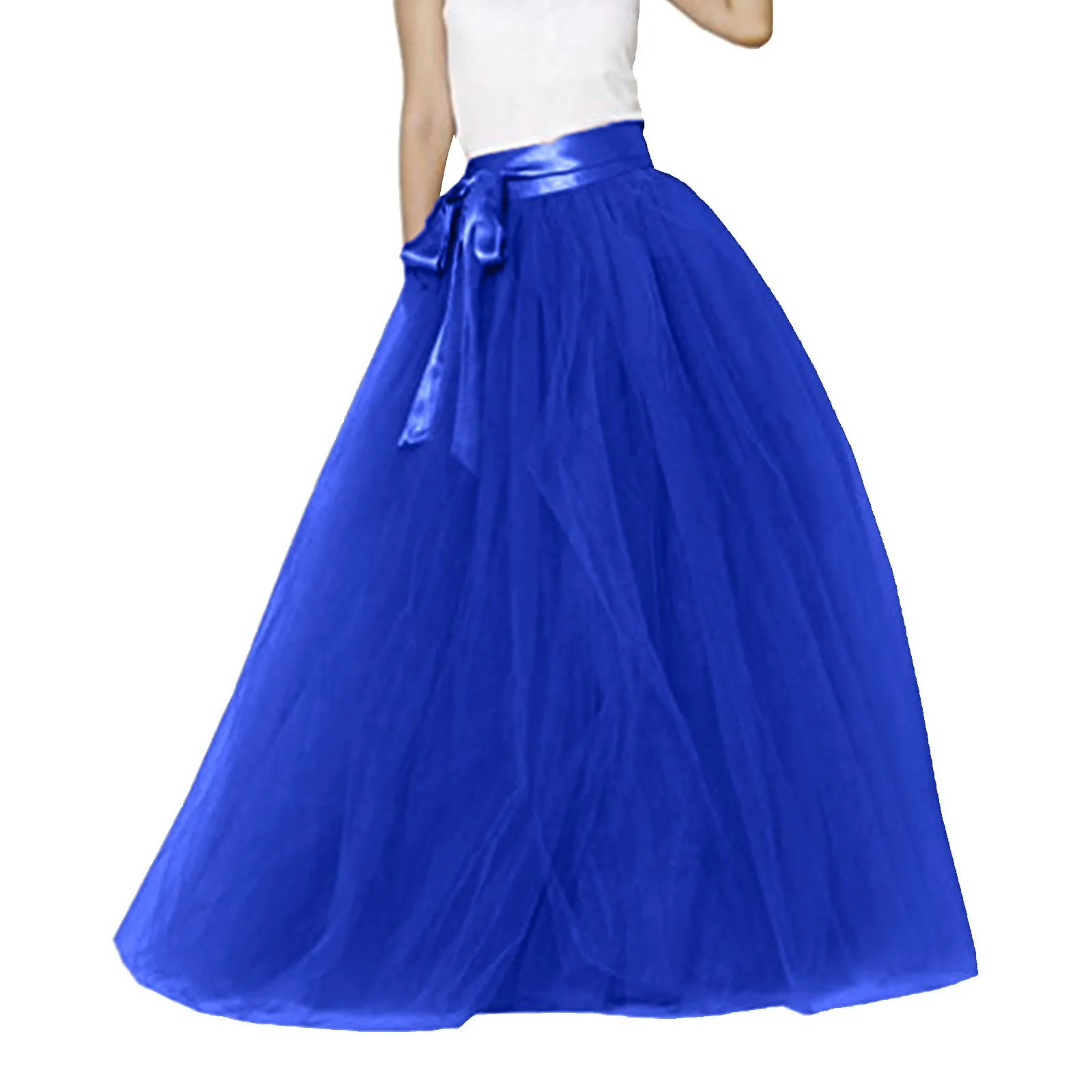 Women's Mesh Tutu Maxi Skirt Elastic High Waist Large Swing Long Skirt A Line Belt Party Wear Puffy Pleated Fairy Skirt