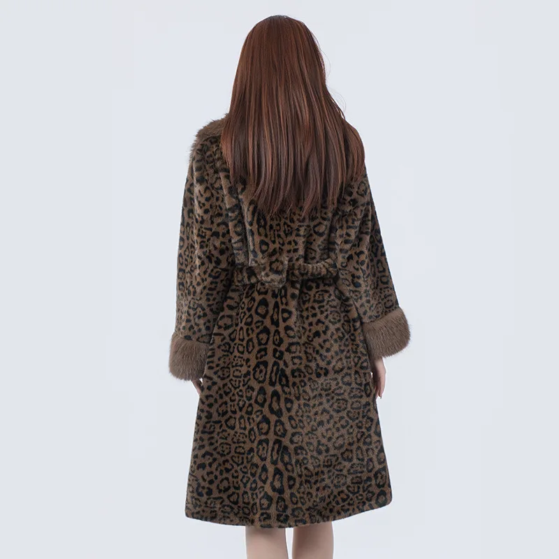 النمط الأمريكي أزياء فضفاضة سميكة الدافئة فو الفراء معاطف للنساء خمر ليوبارد أنيقة تنوعا معطف طويل جواكت شتوية #2