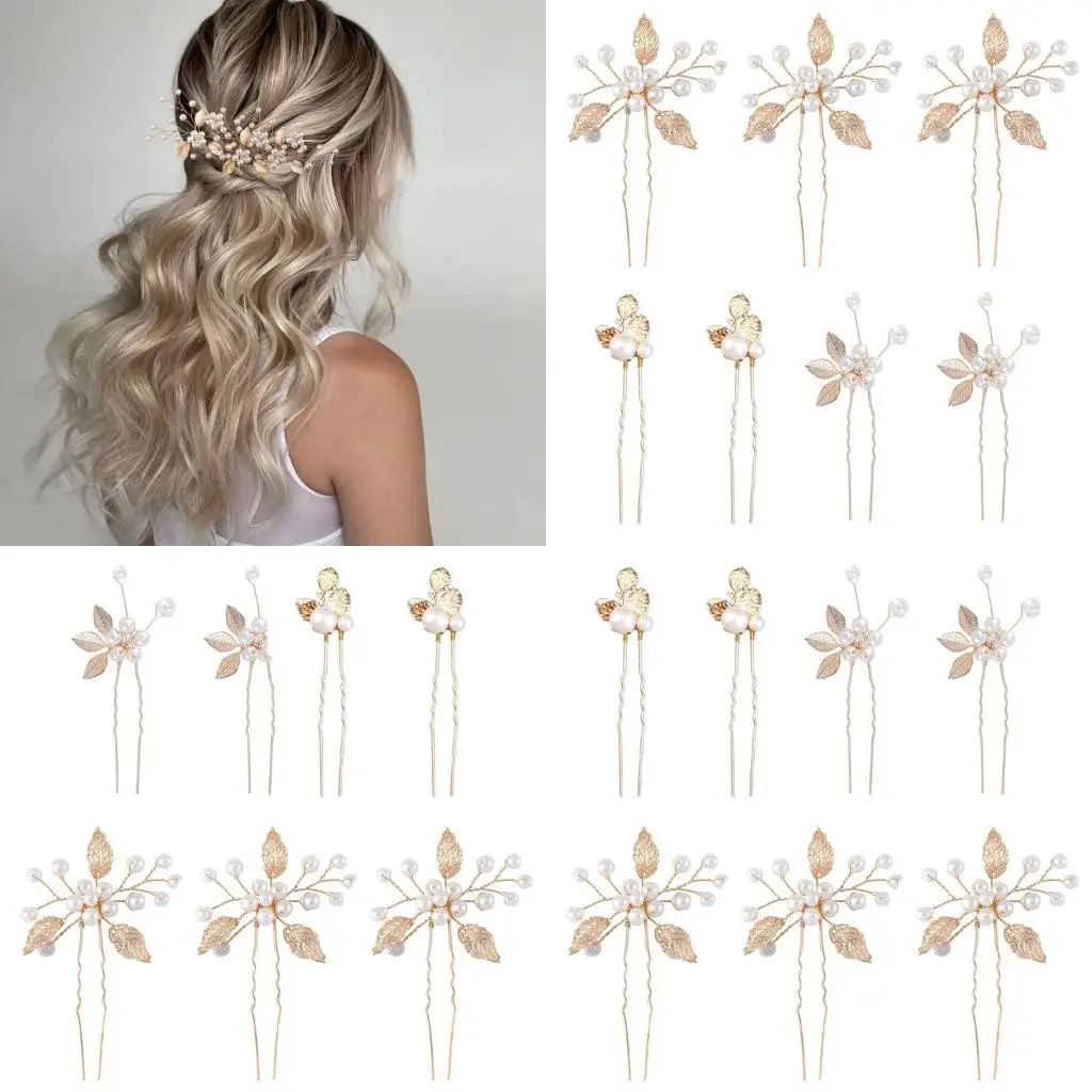 

31BB Elegant Artificial Pearls Hairpin With Golden Leaf Design Hair Styling Accessory