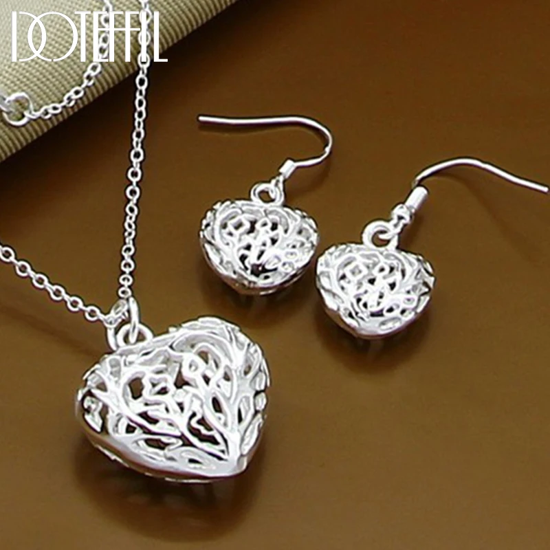 

DOTEFFIL 925 Sterling Silver Hollow Heart Pendant Necklace Earring Set For Woman Man Wedding Engagement Jewelry