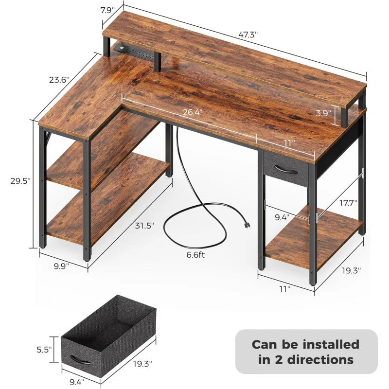 47 Inch Omkeerbare L-Vormige Led-Verlichting &; Stopcontacten, Computerbureau Met Planken & Amp; Monitor Stand,