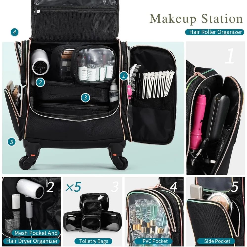 Professional Rolling Makeup Case with 5 Toiletry Bags, Travel Cosmetic Organizer for Artists and Stylists